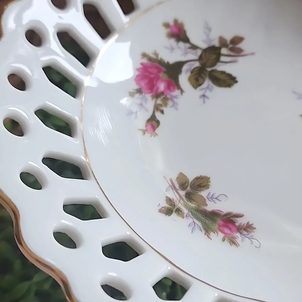 Vintage Japan Moss Rose Pedestal Dish With Gold Tone Detail Coquette Bridal